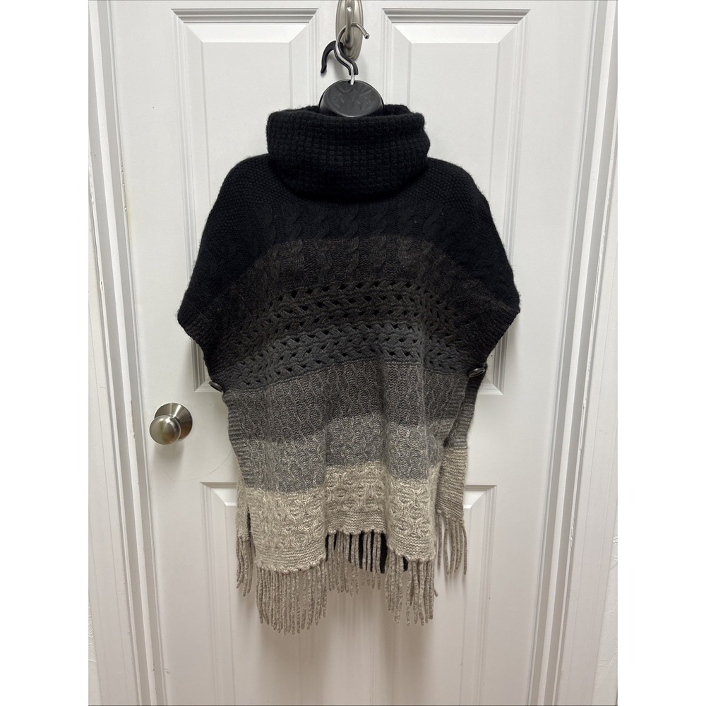 Autumn Cashmere Black Gray Poncho In Neutral Ombré Combo Fringe  - One Size